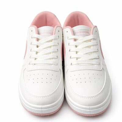 Women Sneakers, White and Pink or White Black, Lace-Up Sports Shoes with Perforated Design