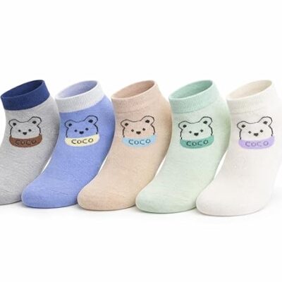 ANESHA BEAR Friendly Bear Kids Ankle Socks 5 Pack Breathable Cotton Pastel Multicolour Soft Age 3-5 Years