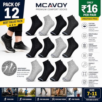 MCAVOY ROME Ankle Length Cotton Socks Men & Women for Sports Unisex Multicolor Socks Ideal for Gym, Casual Wear & Running Odor Free,