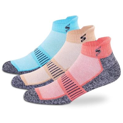 Supersox Ankle Length Socks for Woman | Running & Sports | Durable & Breathable Cotton | Anti-Odor & Antibacterial | Sky Blue, Beige & Pink | Free Size | Pack of 3